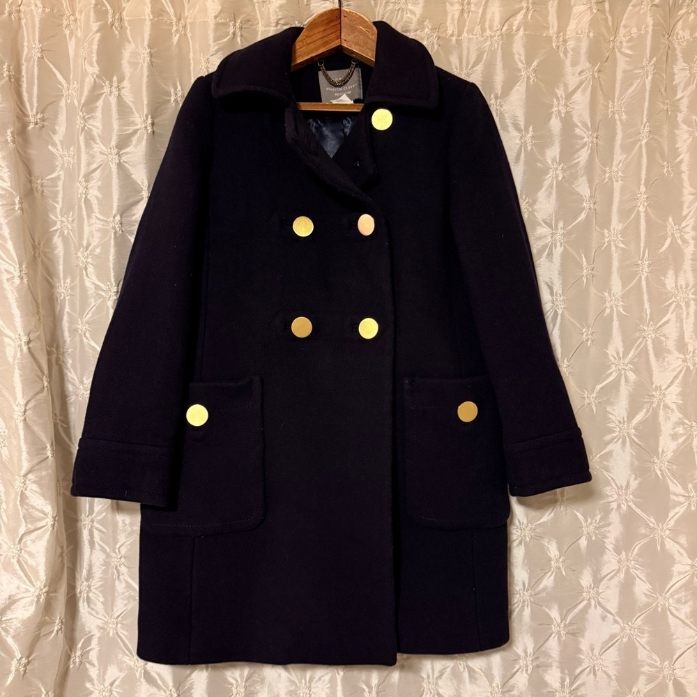 J.Crew Majesty Wool Blend Stadium Cloth Peacoat Navy Blue Gold Buttons Jacket - Picture 2 of 9